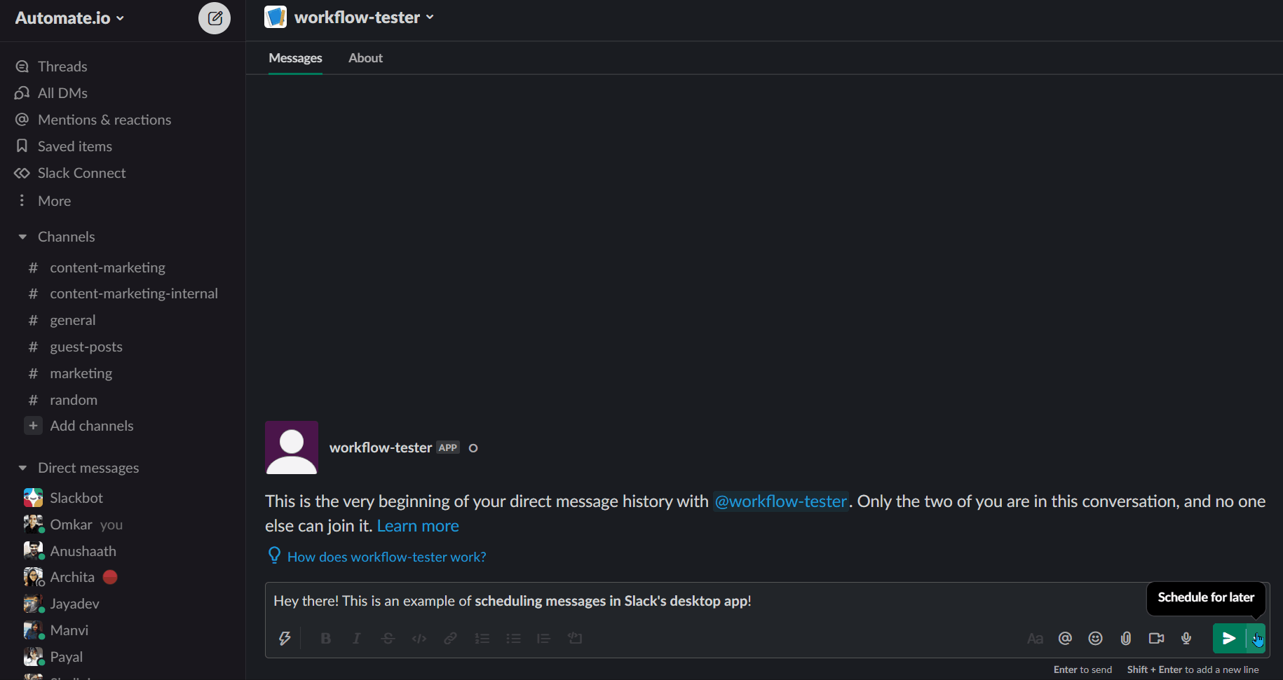 Scheduling messages in Slack's desktop app