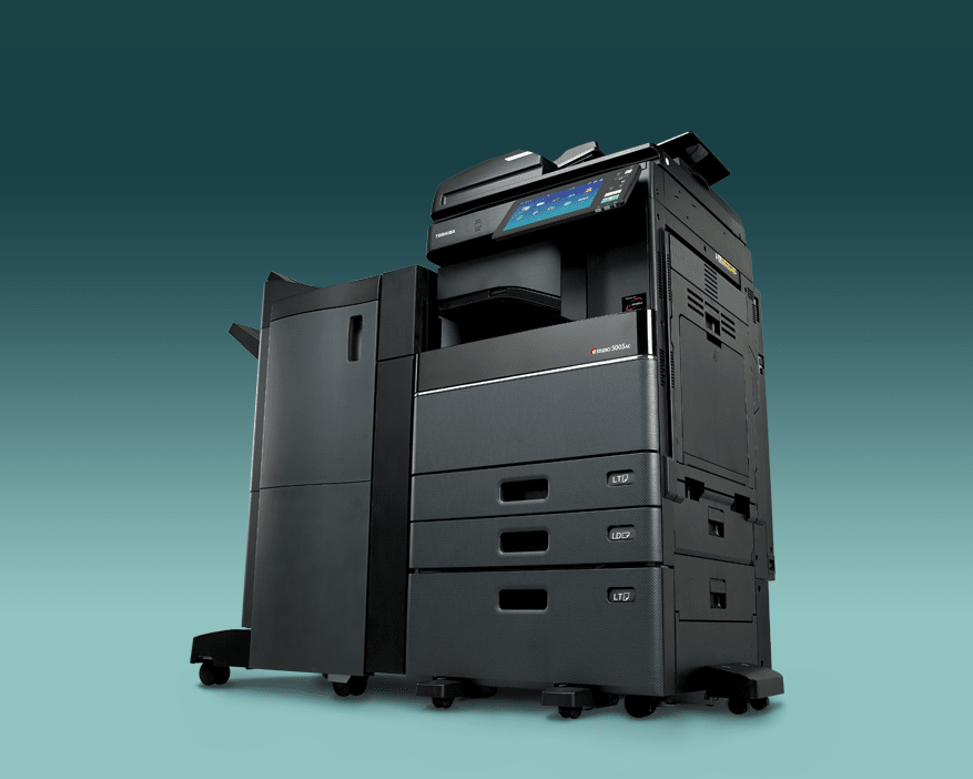 Toshiba printer against green gradient background