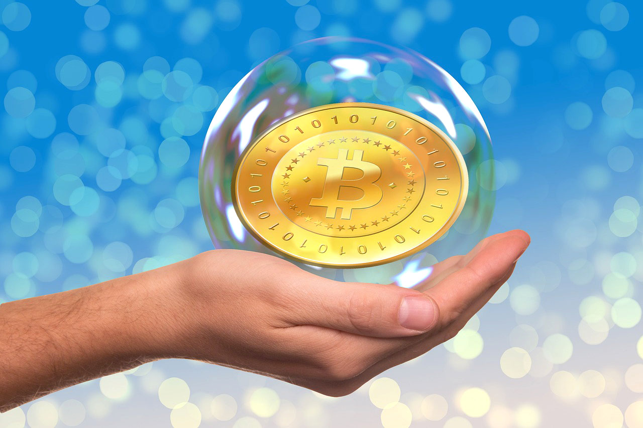 Ilustração de uma moeda de bitcoin dentro de uma bolha