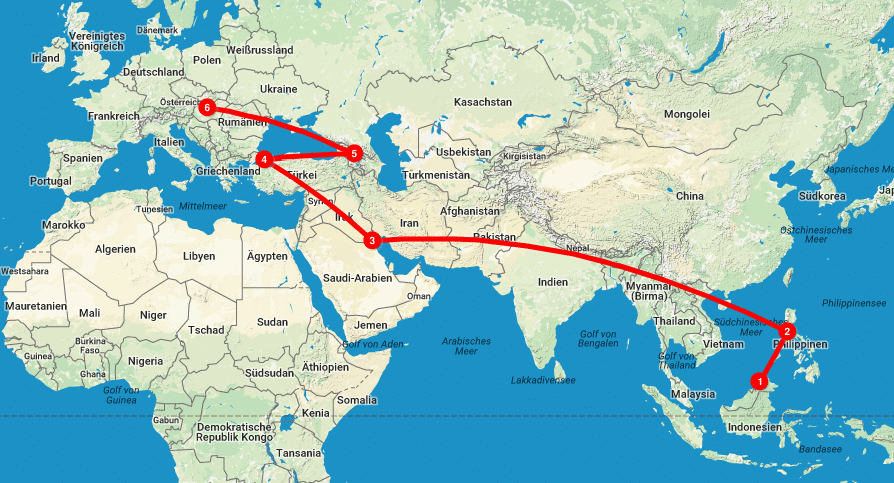 Imagem de um mapa mostrando um percurso de viagem, da indonésia até Budapeste