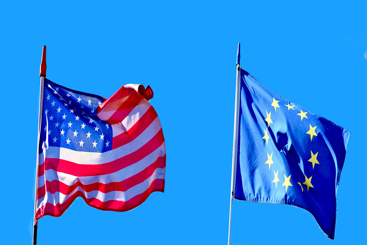 Imagem da bandeira dos Estados Unidos e União Europeia lado a lado