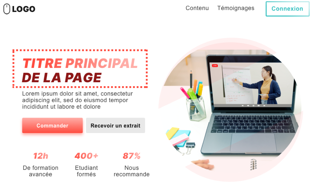 Exemple d'une page de vente avec un titre et un sous-titre
