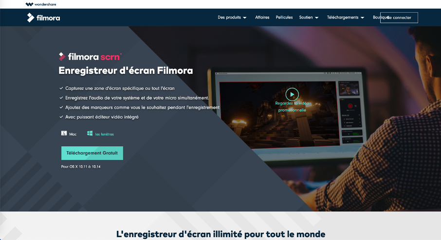 Page d'accueil du logiciel Filmora Screen