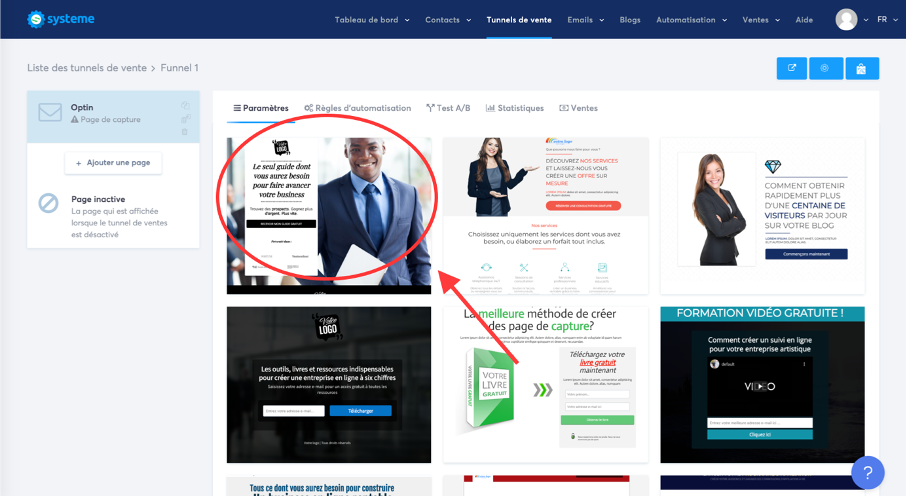 Choix d'un modèle de page proposé par Systeme.io