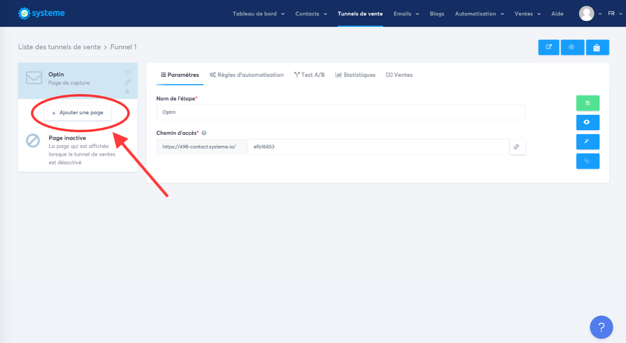 bouton pour ajouter une nouvelle page à son funnel