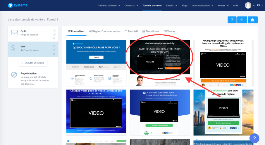 Choix d'un modèle proposé de page de vente