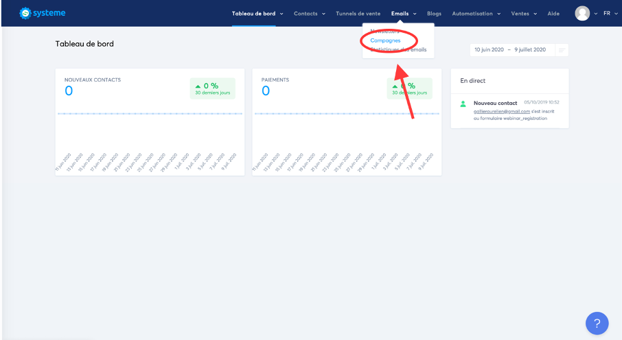 onglet pour créer une séquence email sur Systeme.io