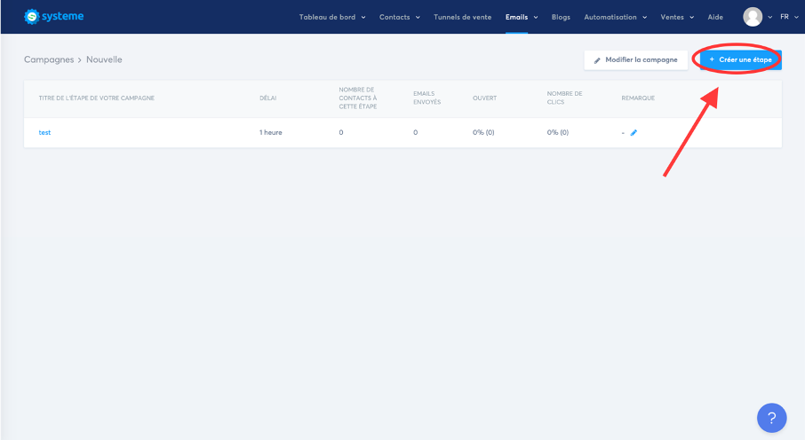 Bouton pour créer une nouvelle étape dans sa séquence email sur Systemei.io