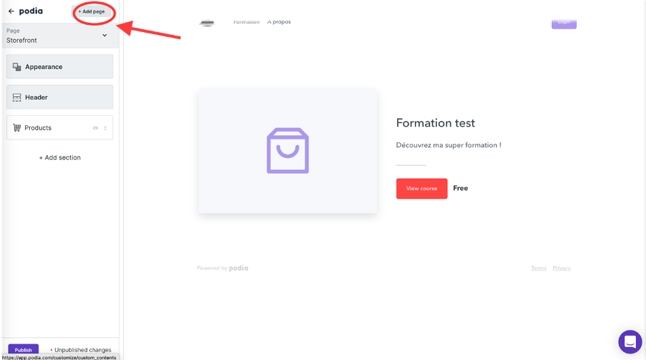 Bouton pour ajoute une nouvelle page à sa boutique en ligne