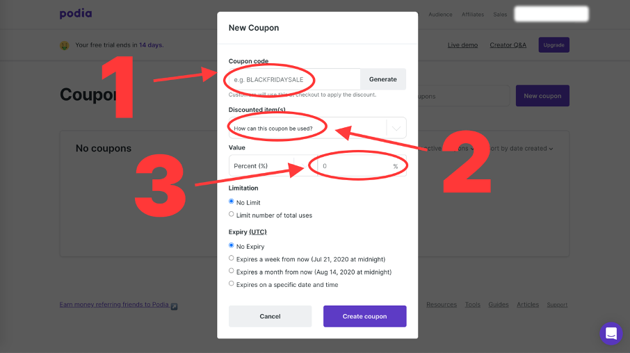 Champs à remplir pour créer son coupon de réduction sur Podia