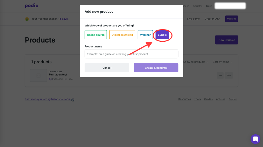 Choisir le type "bundle" pour créer un pack de formation en ligne