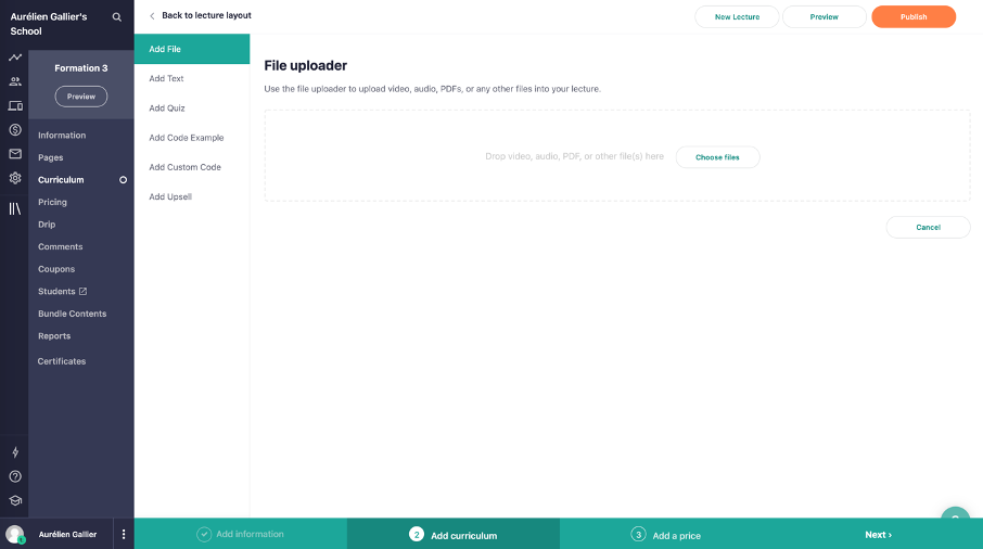 espace pour ajouter de fichiers dans sa formation