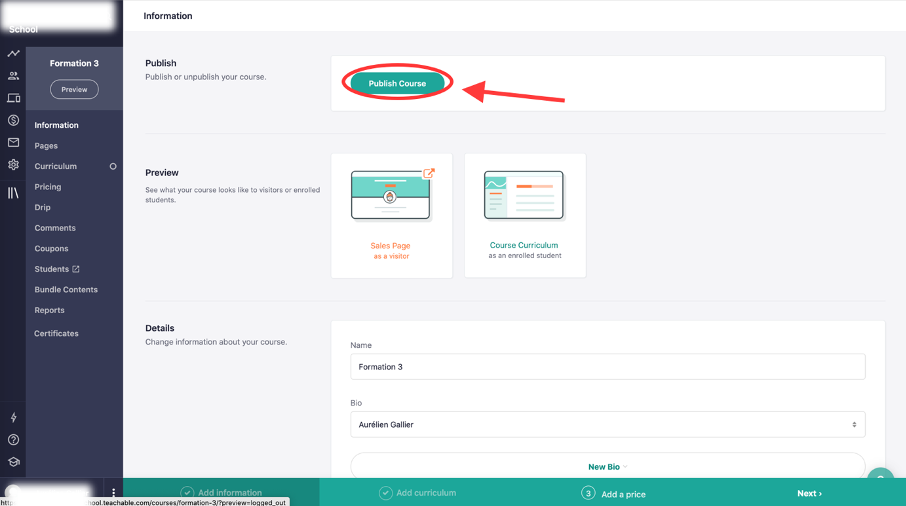Bouton pour publier son cours en ligne