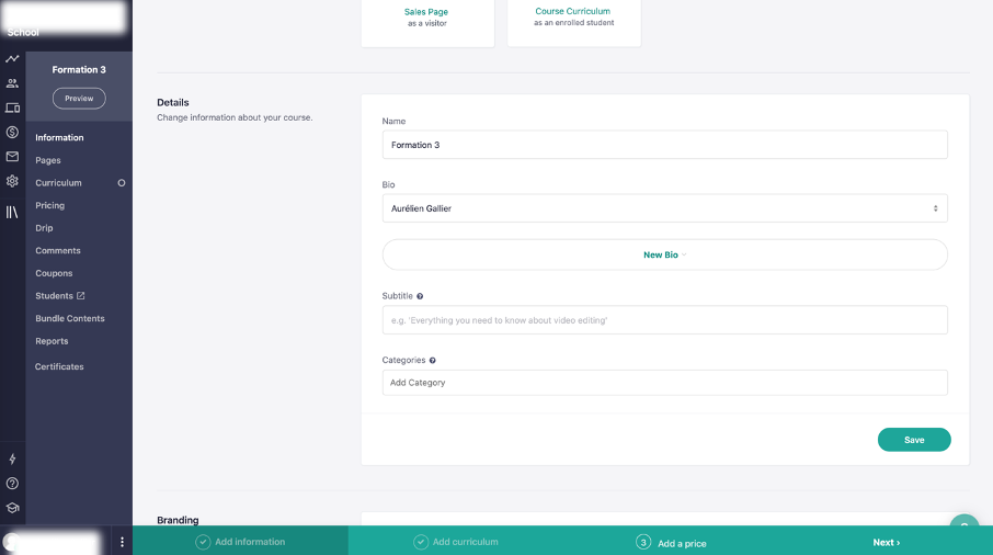 Espace pour voir les détails de sa formation en ligne sur Teachable
