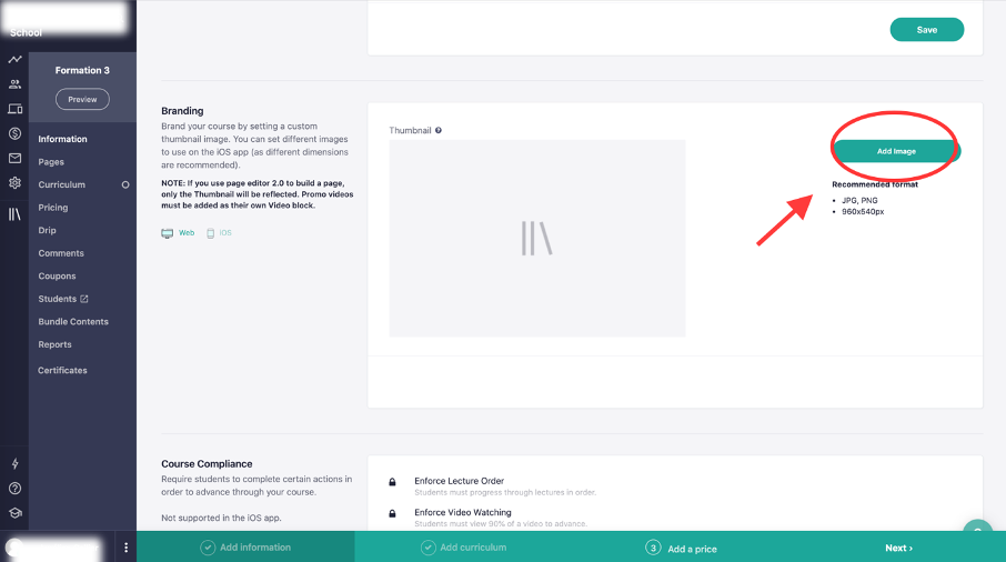 Bouton pour ajouter une miniature à sa formation en ligne