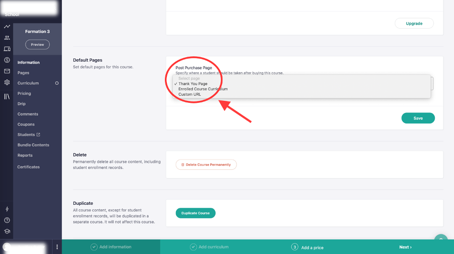 Champs pour choisir une page de redirection post-achat