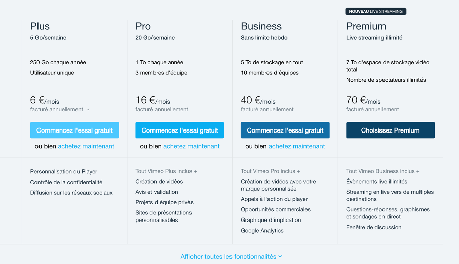Grille tarifaire de Vimeo