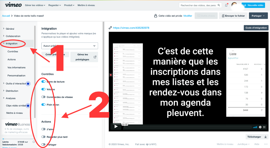 onglet pour modifier les paramètres d'intégrations de sa vidéo