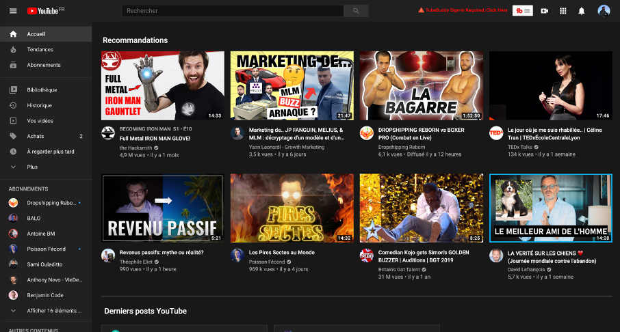 Page d'accueil de Youtube