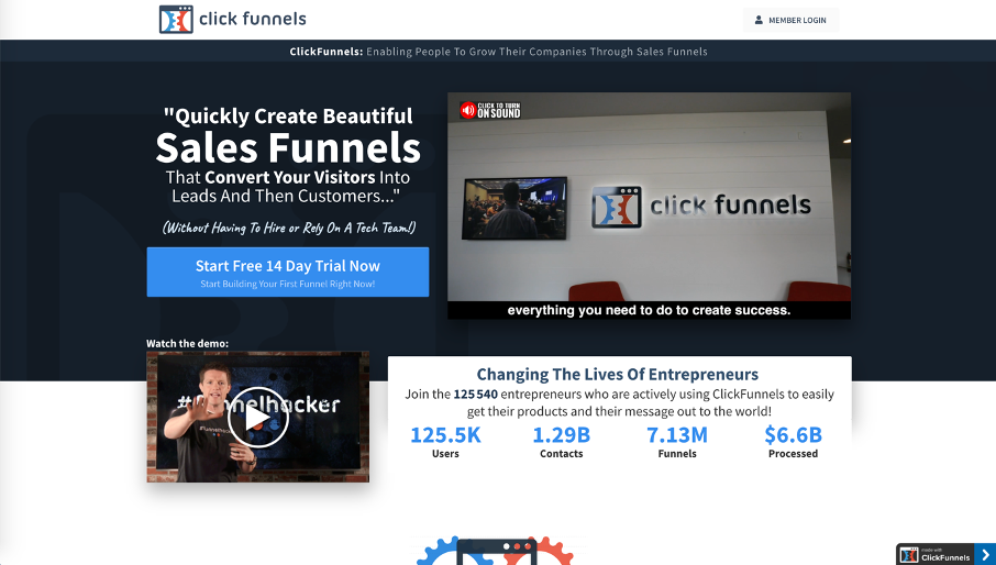 Page d'accueil de Clickfunnels
