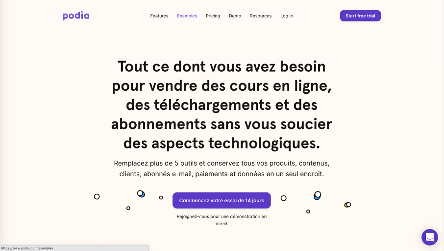 Page d'accueil de Podia