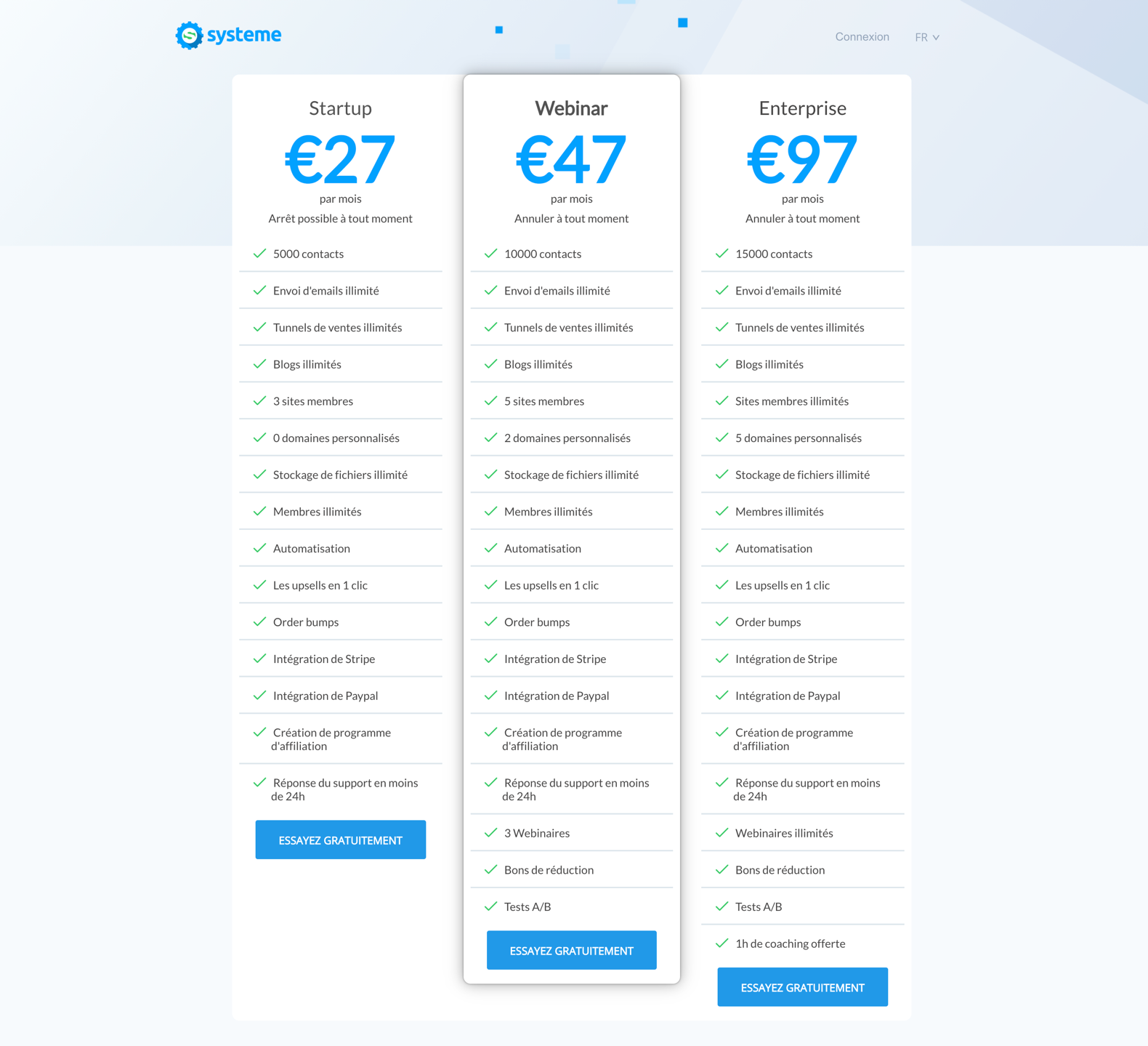Grille tarifaire de Systeme.io