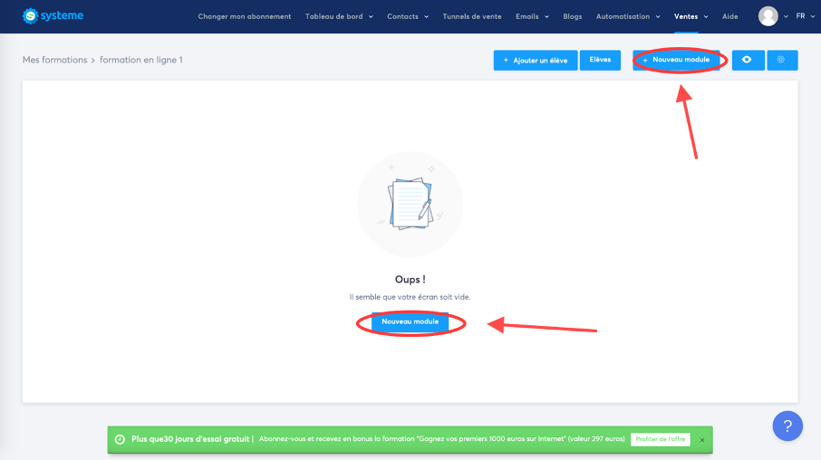 Bouton pour créer un nouveau module de formation