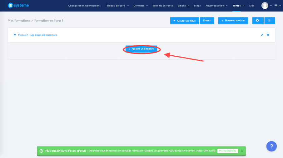 Bouton pour créer un nouveau chapitre sur Systeme.io