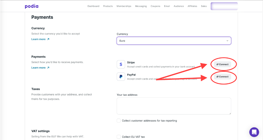 Bouton pour connecter Stripe et Paypal