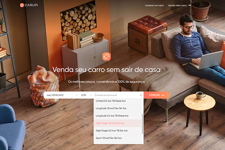 Homepage da CARUPI com seu sistema de consulta de preços de carros usados