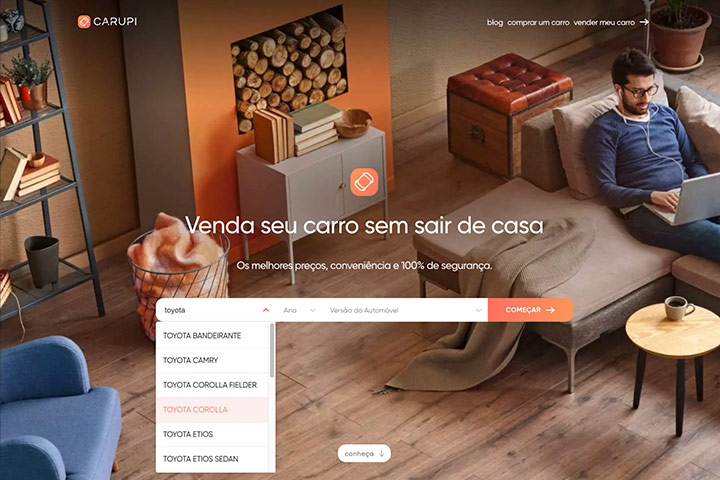 Tela do website Carupi mostrando formulário de preenchimento do modelo de carro a ser vendido