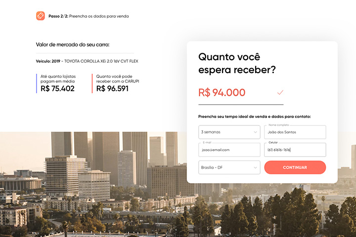 Tela do website Carupi mostrando sistema que compara preços de venda