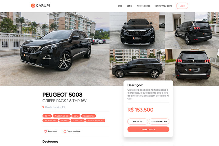 Tela do website Carupi mostrando veículo à venda com fotos e detalhes