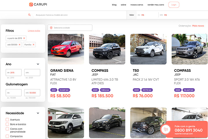 Tela do website Carupi mostrando o catálogo online de carros na plataforma de compra e venda online