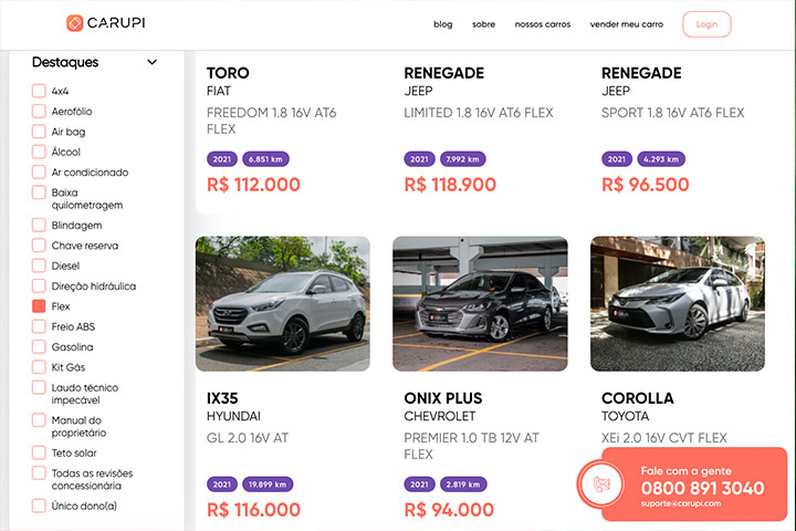 Tela do website da Carupi mostrando carros e opções de filtro de busca ao lado