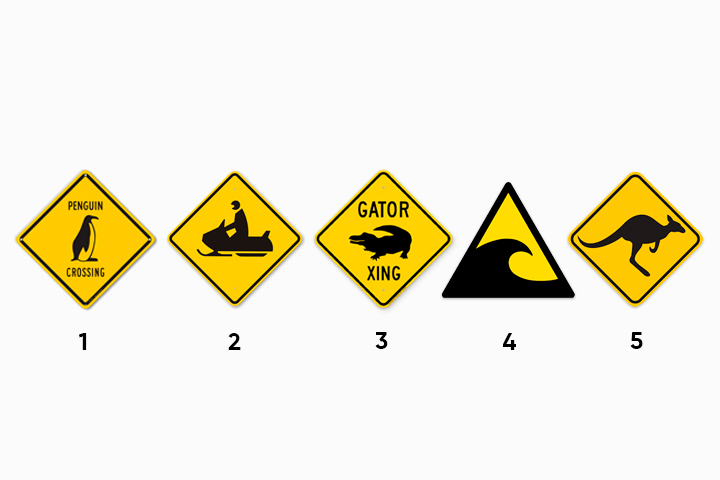 Montagem exibindo algumas placas de trânsito exóticas de outros países