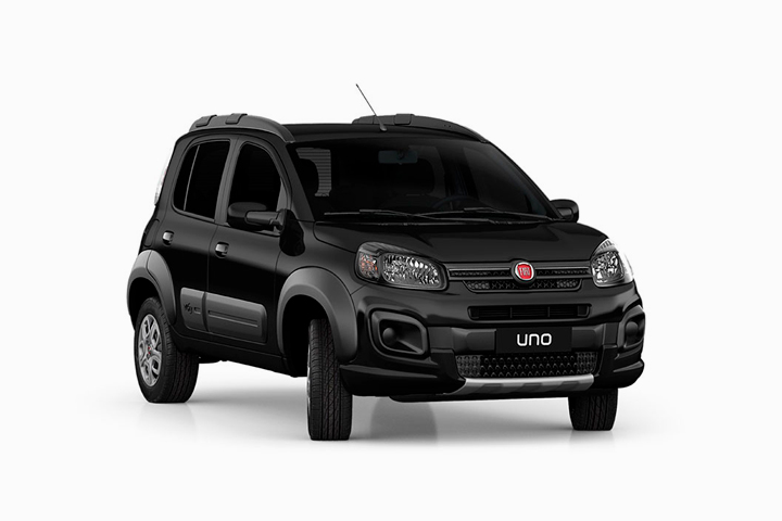 Visão frontal e lateral de Fiat Uno Way 2020 preto em fundo branco infinito