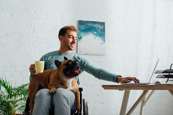 Jovem rapaz com cachorro em seu colo e caneca na mão em sua casa acessando website da Carupi em notebook na mesa