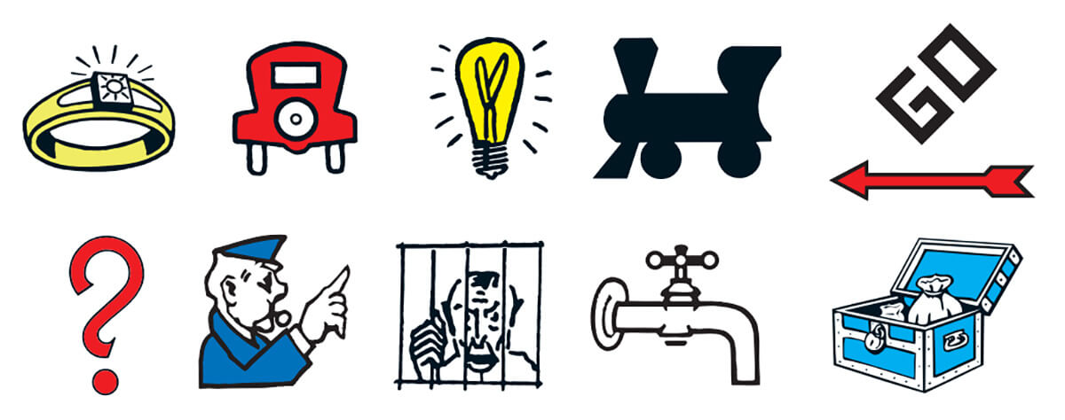 Monopoly Game Icons: Super Tax, Free Parking, Electric Company, Station, Go, Chance, Go to Jail, Water Works & Community Chest