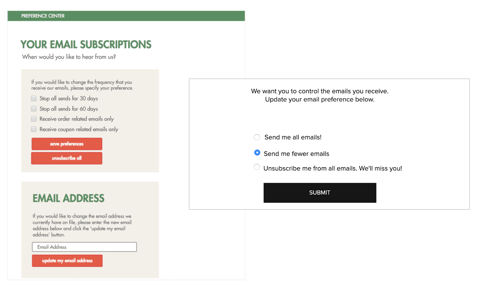 Email preference center pause subscription