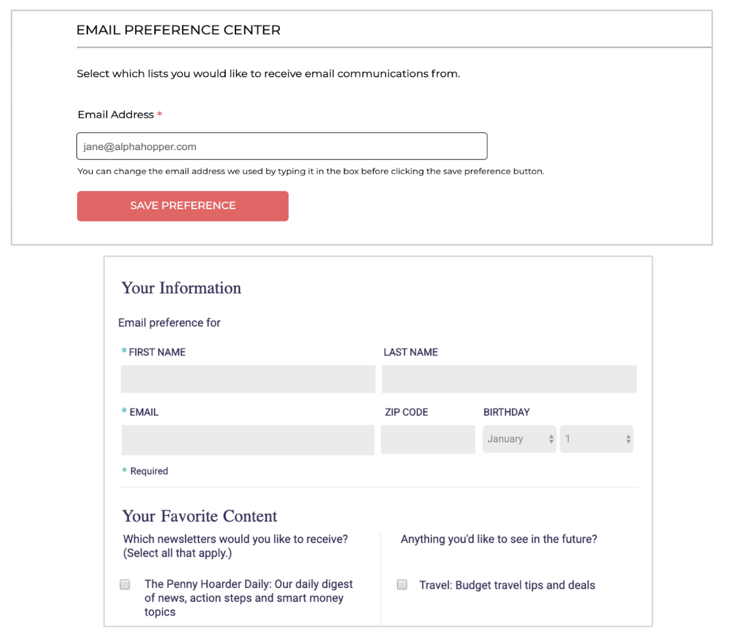 edit email and address email preference center
