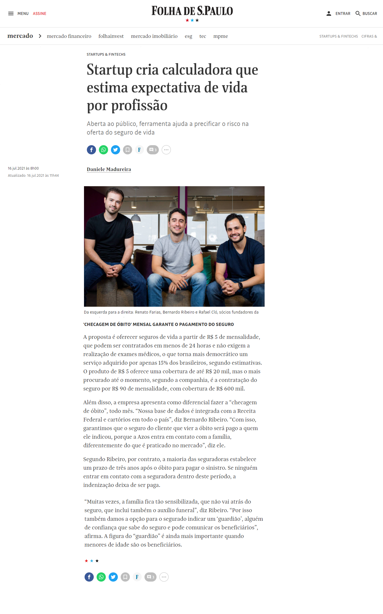 Folha de São Paulo, destaque para matéria sobre a checagem de CPFs e Guardião para seguro de vida da Azos