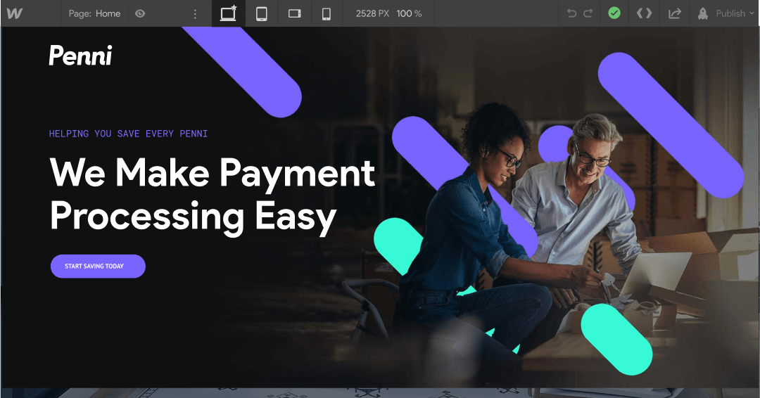 Homepage view on Penni in Webflow's designer interface
