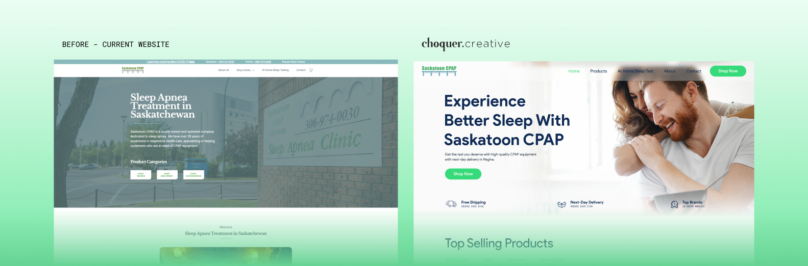 Website comparison of before and after for Saskatoon CPAP website