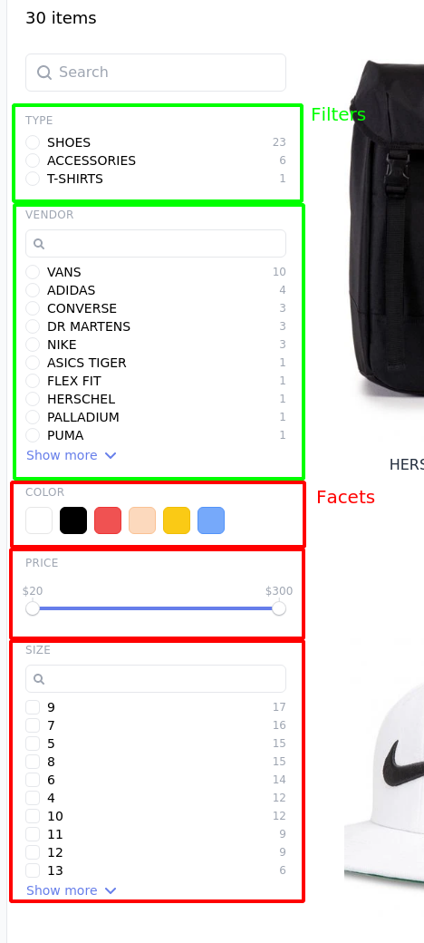 Filters versus facets