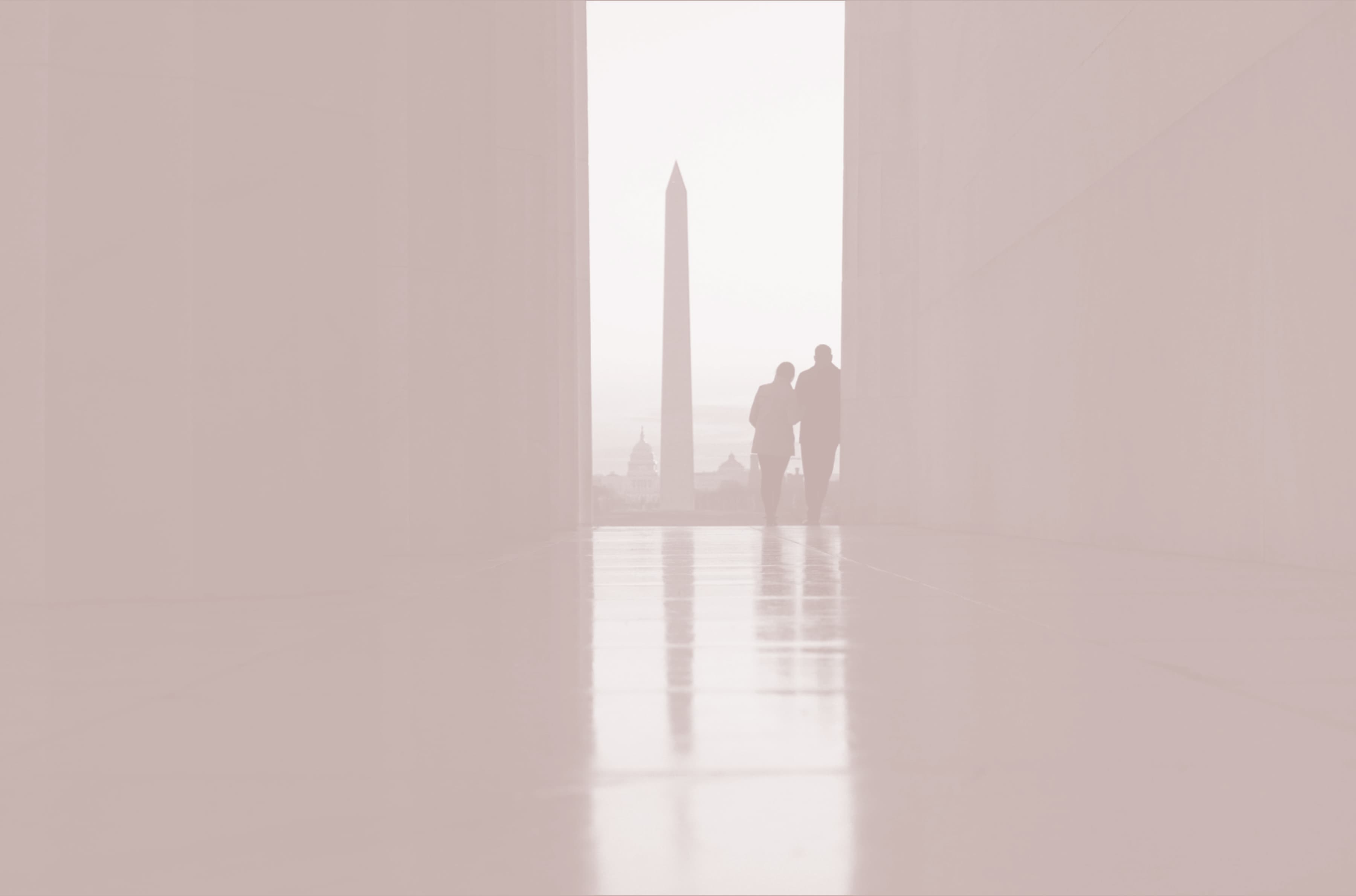 The Washington monument is in the distance while a couple looks on, leaning into one another.