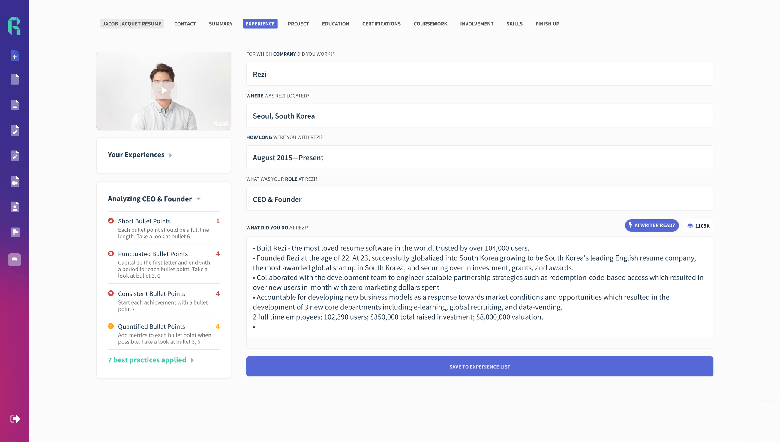 Rezi analyses your resume description content as you type and gives you suggestions to improve your resume for receiving more interviews