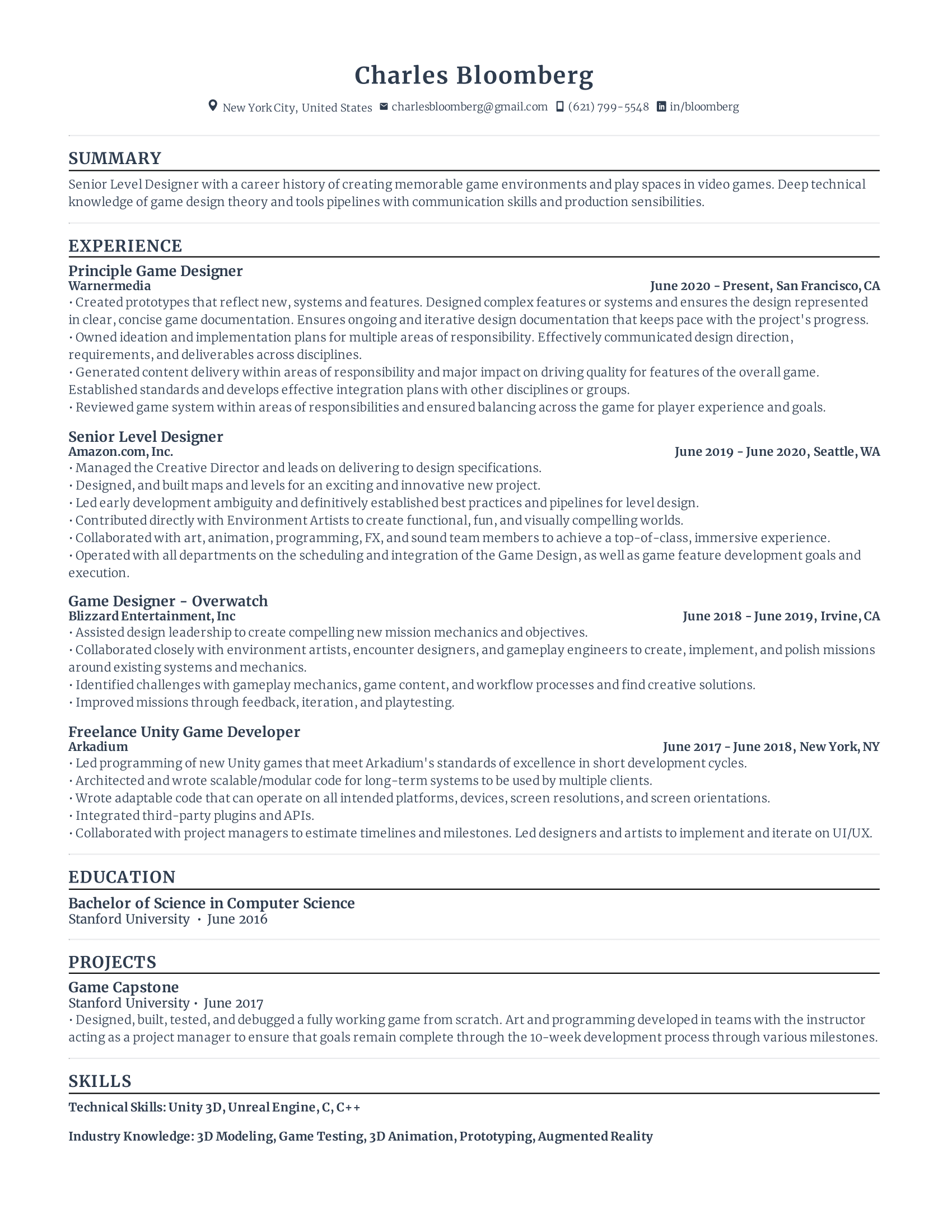 Game Developer resume with high amount of experience and skills in related fields from various companies.  