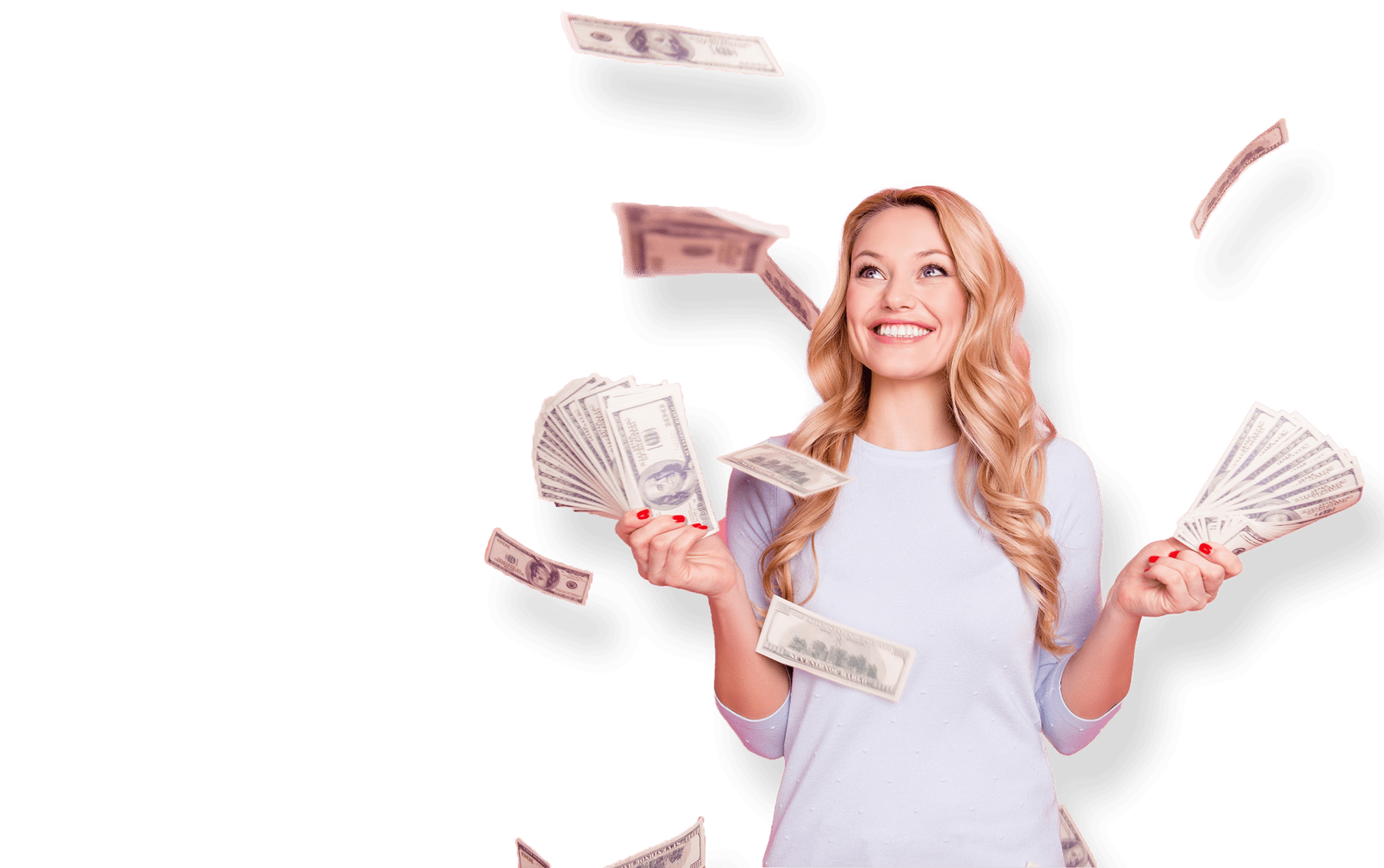Girl tossing cash with fanned cash in hands