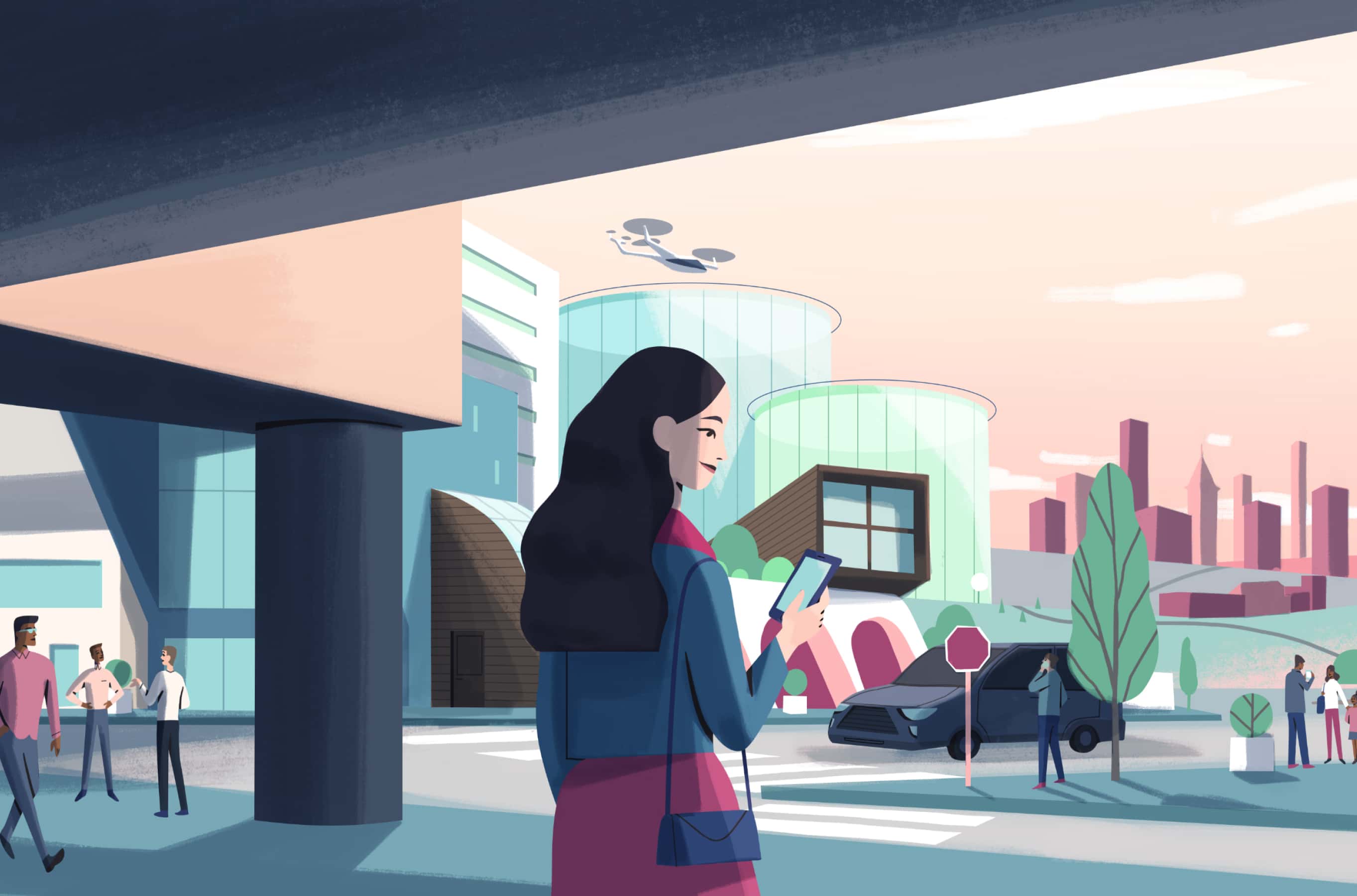 Illustration of a woman looking over an urban landscape with unmanned aircraft landing on helipads.